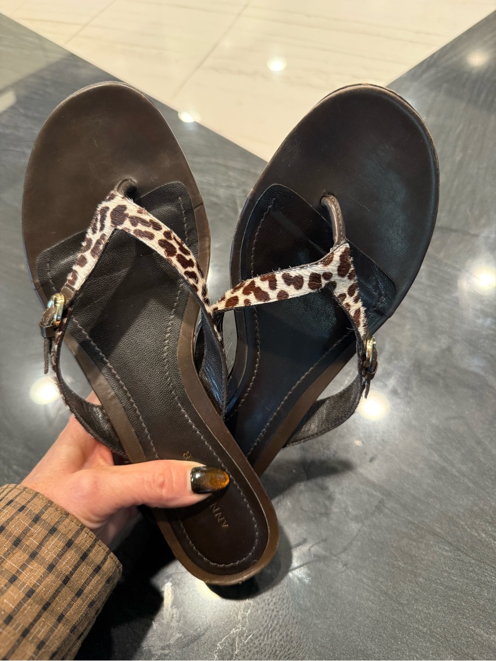 Ann Taylor Brown Leather Thong Sandals with Leopard-Print Straps